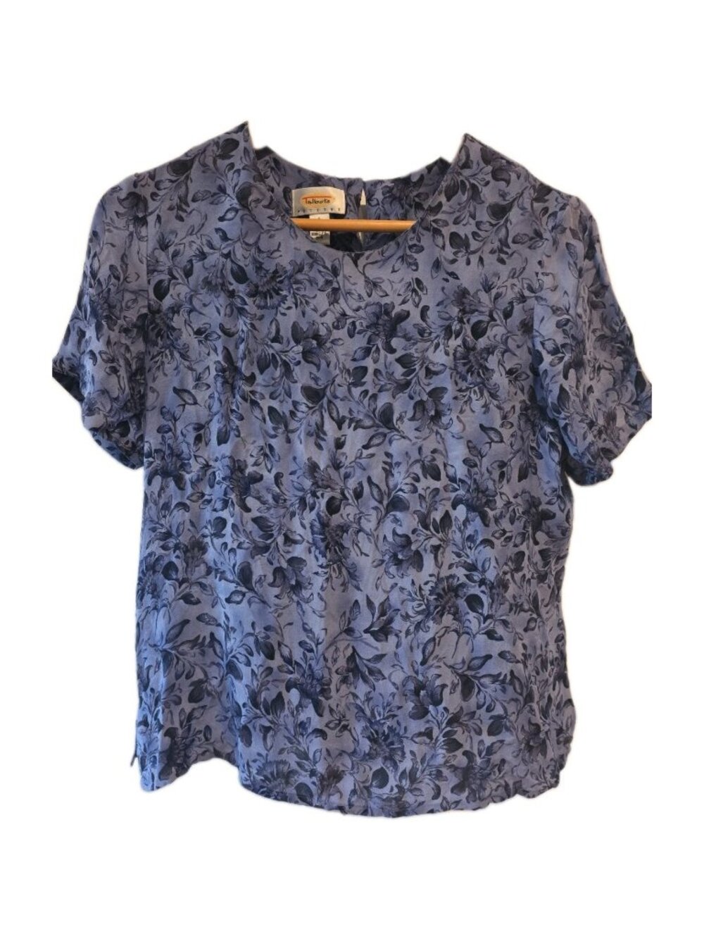 Talbots Silk Top Short Sleeve Blue Crop 8 Floral Sheer Lightweight